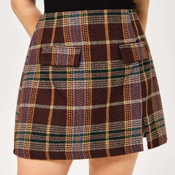 Cider Skirts Nwt Brown Cider Tweed Tartan Split Middle Waist Plaid